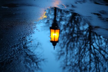 Single street lamp reflection in dark puddle