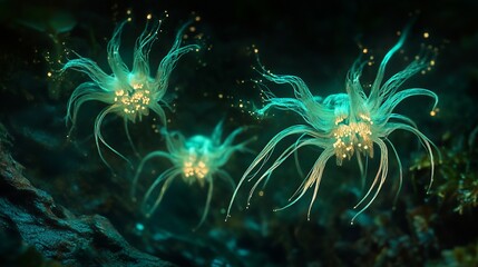 Obraz premium Glowing tiny creatures in underwater scene ocean depths close-up photography magical environment ethereal viewpoint