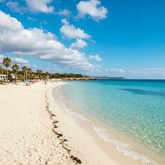 Mediterranean long  beach with incredible turquoise waters. Sandy white shore stretching with some palm trees at the background and vivid blue sky.Concept of summer, sun and beach holiday vacation.