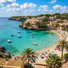 Mediterranean beach with incredible turquoise waters. Sandy shore is in line with colourful beach umbrellas and sunbathers. Beach surrounded by cliff and lush greenery. Concept of summer holiday.