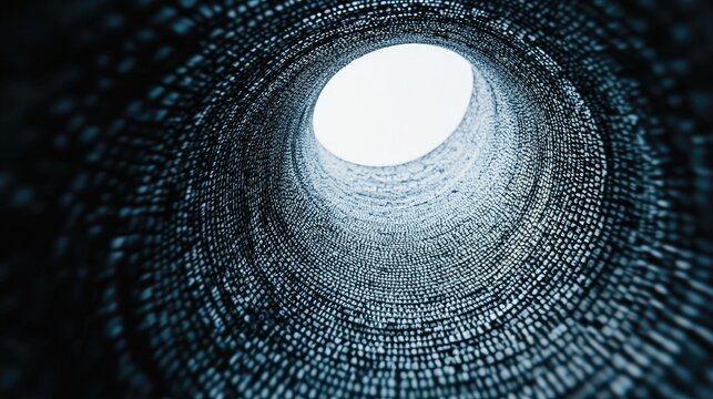 Abstract tunnel of binary code, digital vortex, technology, light at end
