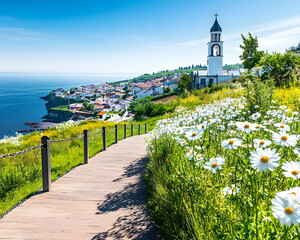 Path leads to village on coast with church tower. Daisies foreground. Ideal for travel guides or inspirational content on nature & beauty