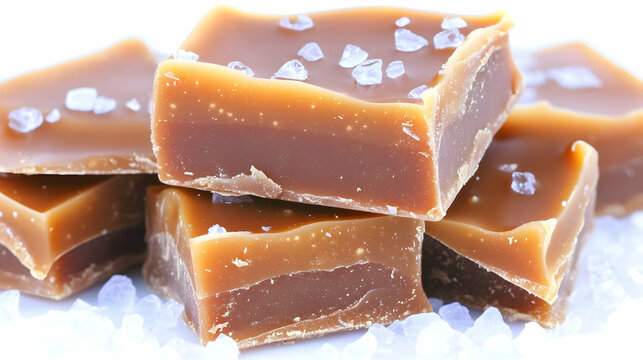 Pile of salty caramels sits on a white surface, perfect dessert for sweets and sugary snack themes on clean, minimalist background