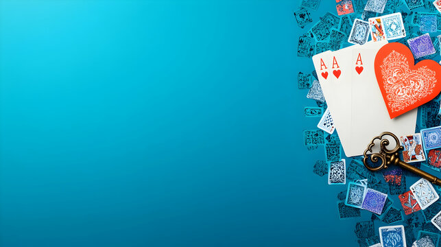 Playing cards with heart and vintage key on blue surface with scattered card pattern. For casino advertising, game night event