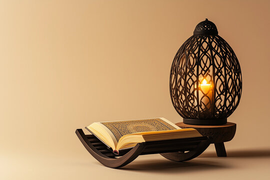 Quran. Religious holy islamic book. Open Koran laying on a rihal, folding book stand with a lantern in a background. Ramadan concept