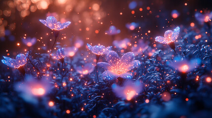 Vibrant flowers glowing in a mystical garden at dusk with sparkling lights