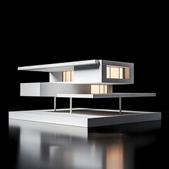 Minimalist White Concrete House Model with Geometric Design and Lighting Contrast
