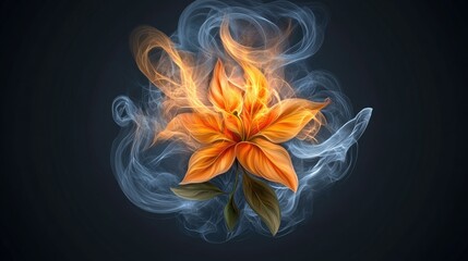 Fiery Orange Lily Emerging from Abstract Smoke and Fire, Dark Background Digital Art