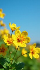 Fototapeta premium Bacopa monnieri flowers in shades of yellow and orange against a blue sky, flora, herbal, garden