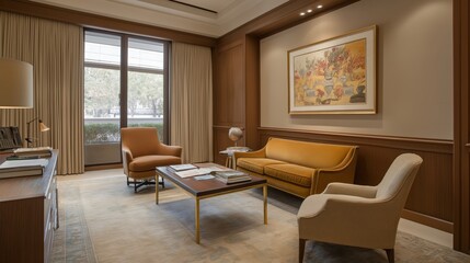 Modern Office Interior With Warm Neutral Tones And Elegant Furniture