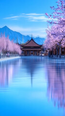Fototapeta premium Scenic temple reflection amid spring blossom trees & mountains. Use as travel advertisement or nature wallpaper