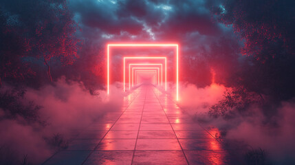 Neon-lit pathway through misty forest at dusk offers a surreal journey to the unknown