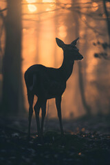 A Serene Morning Encounter with a Deer in the Forest's Embrace, Illuminated by the Dawn's Gentle Light