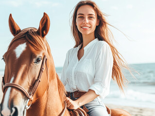Fototapeta premium Woman riding horse on beach outdoor sunny environment joyful mood