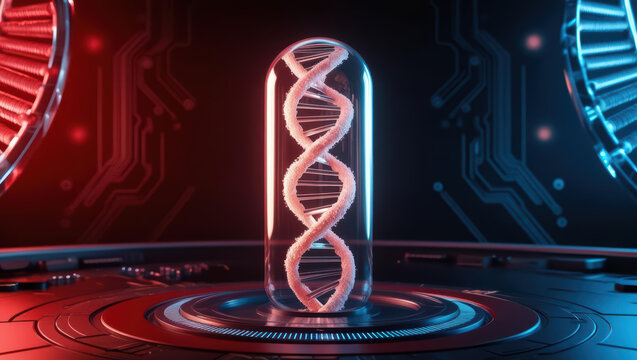 DNA strand is encapsulated in transparent capsule, set against dark red and blue technological background, symbolizing advanced genetic research and innovation
