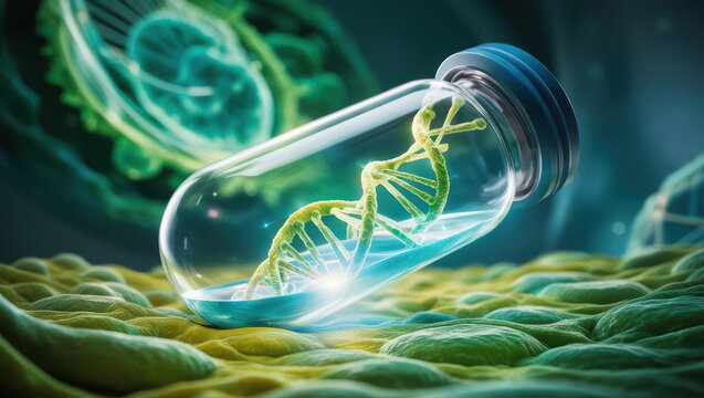 DNA strand is encapsulated in transparent capsule, set against vibrant, technological background, symbolizing advancements in genetic research and health technology