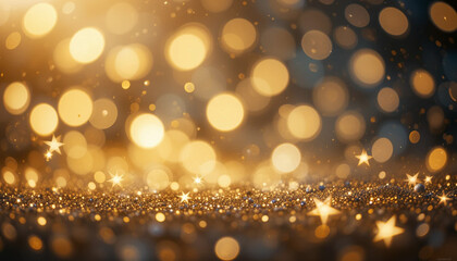 Golden Christmas lights with a glowing bokeh background and a sparkling golden Christmas tree