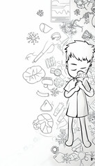 Sketch of a worried boy with eyes closed, holding head, surrounded by food and charts, use for health, diet, and nutrition concepts