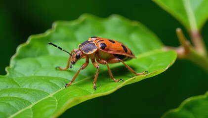 Brown shield bug crawling on a leafy green branch, branches, insects, green branch