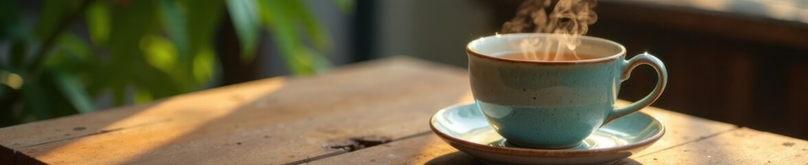 Ceramic tea cup with steaming hot water on a low table, wooden, cup