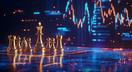 Golden Chess Pieces Amid Dynamic Market Analytics and Graphs