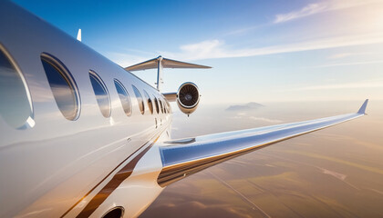Fototapeta premium Luxury private jet flying above the clouds with a sleek metallic body reflecting sunlight