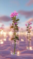 Pink Flower in Glass Vase, Surreal Sunset Scene, AI Generated Art