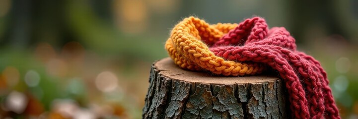 Cozy woolen scarf wrapped around a tree stump, tree, stump
