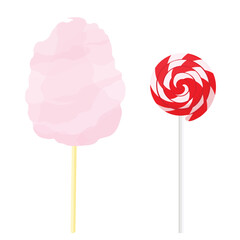 Pink cotton candy and swirl round candy lollipop on wooden stick