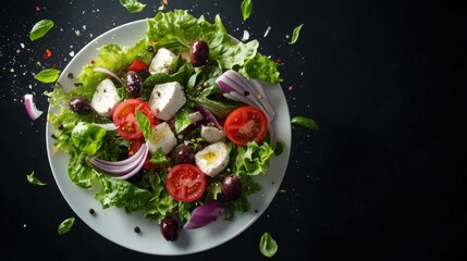 Fresh Mediterranean salad ingredients levitate, dark background, healthy food photography, recipe website