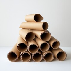 A pyramid-like stack of brown tissue paper cores with smooth outer surfaces and slightly rugged inner edges, displayed on a clean white background with soft shadows 