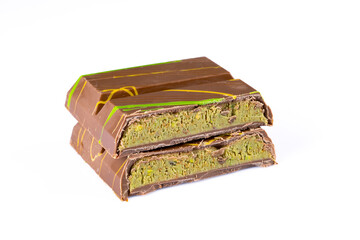Chocolate bar filled with pistachio kunafa. Dubai chocolate