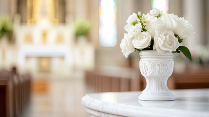 Fototapeta premium Ornate White Vase with White Roses in a Church Setting
