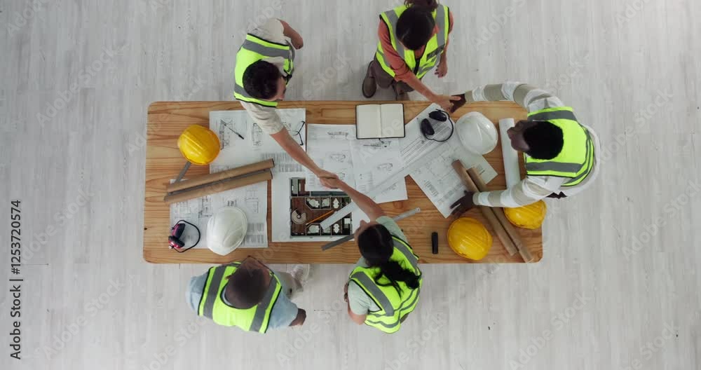 Poster top view, people and construction team with handshake, engineering and floor plan for house project.