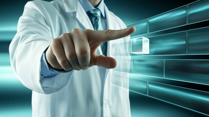 Doctor navigating virtual interface, advancing medical technology and healthcare innovation