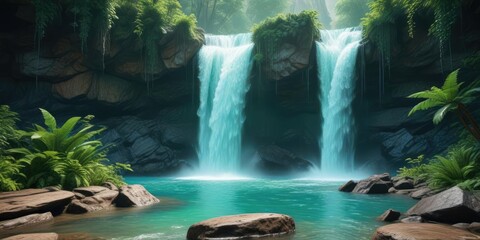 Waterfall scene with vibrant turquoise and emerald green hues, serene, nature, water