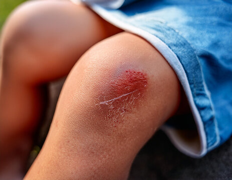 Detailed view of a healing scrape on a child's knee, captured outdoors after playtime.