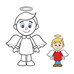 Cute Christmas angel boy coloring page featuring a joyful angel with a halo, wings, and a flowing robe, holding a star. Perfect for festive holiday fun and creativity!