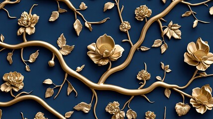 3D Render of Gold Floral Branches on a Navy Blue Background: Elegant and Luxurious Wall Decor Design