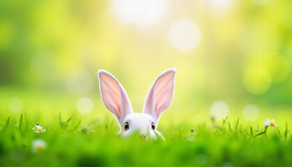 Rabbit ears peeking from lush green grass, playful nature scene