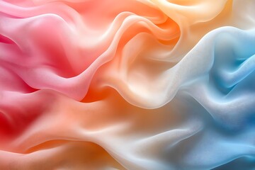 Fototapeta premium Soft, flowing fabric in gradient colors of pink, orange, and blue, creating a serene background