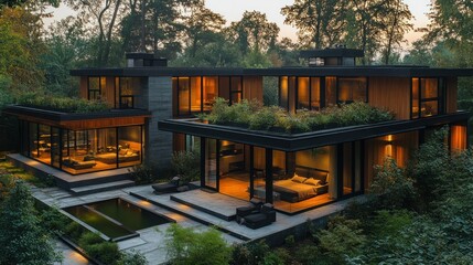 Obraz premium Modern Luxury Home: Green Roof, Glass Walls, and Tranquil Setting