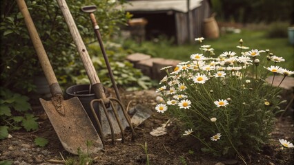 Vintage-style illustration of chamomile flowers in a garden with old-fashioned garden tools, botanical art, nature photography, garden feature