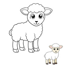 Cute white lamb coloring page featuring a fluffy lamb with soft wool, standing on grass with flowers around. Perfect for kids to color and enjoy a farm animal theme.