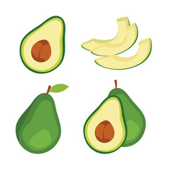Avocado set: Whole fruit with leaf, half with seed and slice