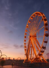 Vibrant orange hues dance across the sky as Ferris wheels spin lazily in the fading light, sunset, sky with clouds