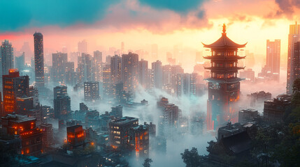 City skyline at dusk with fog and traditional tower setting a mystical atmosphere