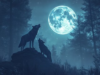 Captivating Night Scene with Howling Wolves Under a Bright Full Moon Surrounded by Lush Forest Nature and Starry Sky