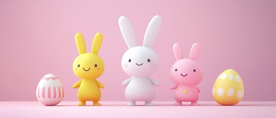 Obraz premium Three small plastic rabbits are positioned closely together beside a colorful egg, creating a charming and festive scene.