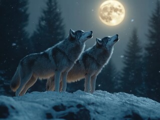 Obraz premium Two Wolves Howling at a Bright Full Moon in a Serene Winter Landscape Surrounded by Pine Trees Under a Starry Night Sky